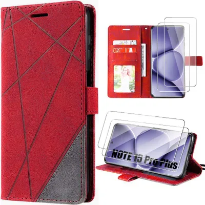 Image de Coque + 2 Verres Trempés pour Xiaomi Redmi Note 15 Pro Plus 5G, Anti-Rayures Effet Cuir - Rouge