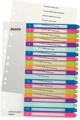 Image de Leitz 1245-00-00 Intercalaires série WOW - 1-20, A4 grande largeur, 20 feuilles, couleur