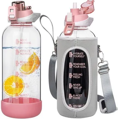 Productafbeelding van 2 Litre Glazen Waterfles met Rietje en Tijdmarkering