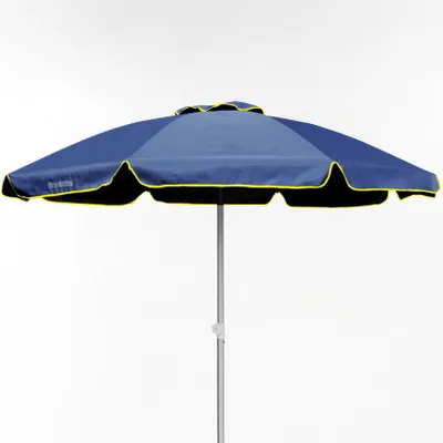 A blue umbrella with a yellow trim is shown against a white background.