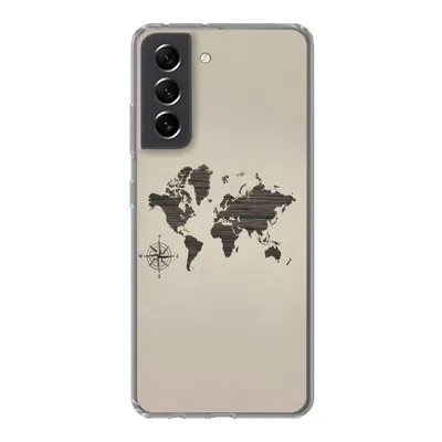 Produktbild von MuchoWow® Handyhülle Schutzhülle Hülle für Samsung Galaxy S21 FE Weltkarte - Holz - Braun Silikon Softcase Handy Hülle - Mobiltelefonhülle