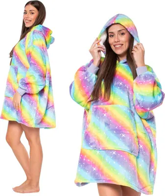 Immagine prodotto di Felpa con cappuccio Kocobluza 2in1 oversize XXL con cappuccio, in morbido sherpa arcobaleno