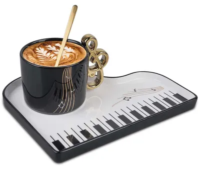 Produktbild von Kaffeetasse mit Unterteller und Löffel, Musiknoten, Keramik, 200ml, Schwarz