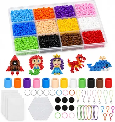 Imagen del producto de Set de cuentas para planchar de 10 mm, con más de 1400 unidades, en 12 colores, que incluye una placa perforada y papel para planchar, ideal para proyectos de manualidades