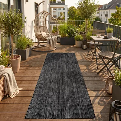Produktbild von SIMPEX Outdoor Teppich Schwarz 80x250 cm Balkon Terrasse Garten Wetterfest UV-beständig Läufer Einfarbig Flachgewebe Pflegeleicht Robust Modern