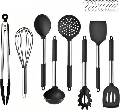 Produktbild von Küchenutensilien-Set, 8-teilig – Schwarz, aus Silikon mit Edelstahlgriffen – hitzebeständig – komplettes Kochgeschirr-Set