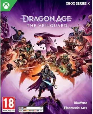 The image is the cover art for the video game Dragon Age: The Veilguard, showing various characters and a dragon.
