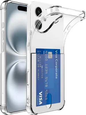A clear smartphone case with a credit card inserted into a slot on the back.