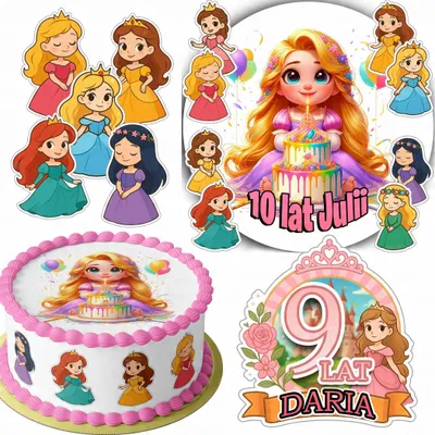 Produktbild von Zestaw Opłatek Na Tort 20Cm + 16 Postaci - Księżniczka + Imię 15Cm 18Cm
