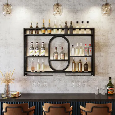 Immagine prodotto di Portabottiglie - Portaflaconi - Scaffale a parete - Contenitore per vino - Portaflaconi - Con illuminazione a LED - Robusto metallo, 120 cm
