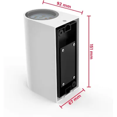 A white outdoor wall light with dimensions indicated.