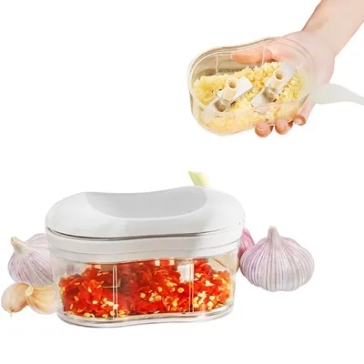 Produktbild von Knoblauch Zerkleinerer mit Edelstahlklingen – Handbetätigte Knoblauchpresse, schnell & einfach, für feine Knoblauchpaste, einhändig bedienbar, grau