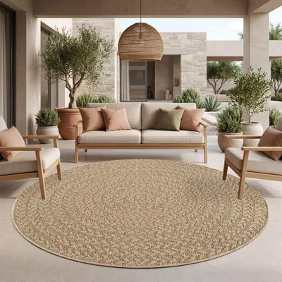 Produktbild von TT Home Outdoor Teppich Wetterfest Garten Schlafzimmer Flur Natürlicher Sisal Look Geometrisches Boho Design Modern Unifarben Größe 120 cm Rund