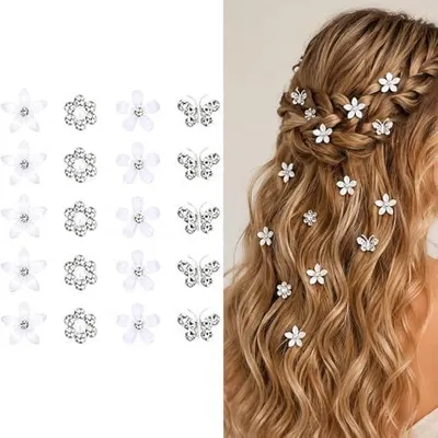 Produktbild von 20 Stück weiße Blumen-Haarschmuck für Bräute, Haarspangen und Mini-Strass-Haarklammern aus Harzblüten mit Metallschnalle, 4 verschiedene Muster, für alle Haartypen sowie Alltag, Partys und Hochzeiten geeignet