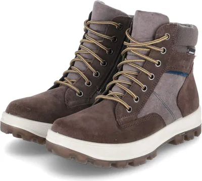 A pair of brown and gray hiking boots.