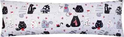 Produktbild von Baumwoll Renforcé Seitenschläferkissen Bezug 40x145cm - Katzen mit Pfoten, Sternen und Herzen in grau, schwarz und rot - 100% Baumwolle Stillkissenbezug (KY-Katzen-Grau)