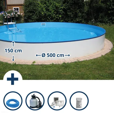 Produktbild von Stahlwandpool Set rund Balearen 500x150 cm, Stahl 0,8 mm weiß, Folie 0,6 mm blau, Einhängebiese