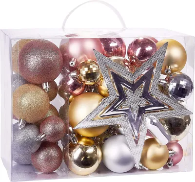Produktbild von Brubaker 50-teiliges Set Weihnachtskugeln mit Baumspitze - Christbaumschmuck in Rosa, Champagne und Silber