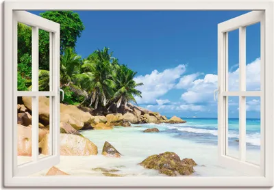 Produktbild von ARTland Leinwandbild Küste mit Palmen durchs Fenster Größe: 130x90 cm