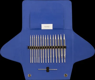A set of knitting needles laid out in a blue case.