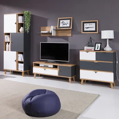 Produktbild von Jugendzimmer Set 4-teilig MARIBOR-132 mit TV Board in Eiche mit weiß, graphit