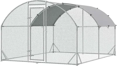 Produktbild von Hühnerstall Freilaufgehege aus Stahl, 280 x 380 x 197 cm Hühnerkäfig mit UV-beständiger Abdeckung, Tür, Hühnergehege für 6-12 Hühner, Kleintiere, Silber