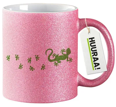 Produktbild von Huuraa Glitzertasse Gecko Tapsen 330ml Pink Keramik Kaffeebecher Geschenkidee