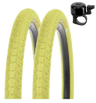 Image de 2 pneus Kenda K-907 Krackpot pour vélo BMX, 20 x 1,95 (50-406), couleur jaune, avec clochette de vélo incluse