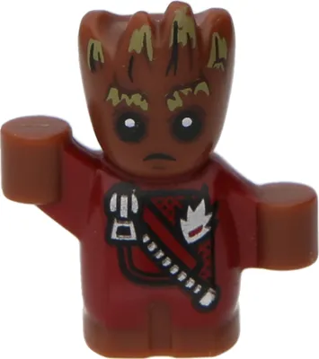 A close-up studio shot of a LEGO Baby Groot minifigure.