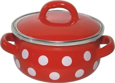 A red polka dot pot with a lid.