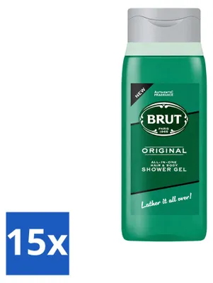 Zdjęcie produktu dla 15 sztuk żelu pod prysznic Brut All in One do włosów i ciała, wersja Original, pojemność 500 ml - zestaw ekonomiczny
