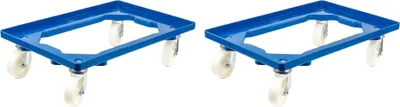 Produktbild von SparSet 2x Transportroller für Euroboxen 60x40cm mit Kunststoffräder blau | Offenes Deck | 2 Lenkrollen & 2 Bockrollen | Traglast 300kg | Kistenroller Logistikroller Rollwagen Profi-Fahrgestell