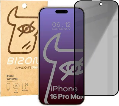Produktbild von Bizon Glass Edge Shadow Privacy Panzerglas für iPhone 16 Pro Max, getönt mit schwarzem Rahmen