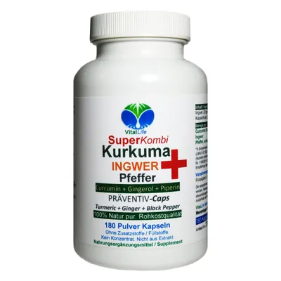 Produktbild von SuperKombi Kurkuma, Ingwer + Pfeffer 180 Pulver Kapseln Curcumin & Gingerol & Piperin NATUR Pur - OHNE Zusatzstoffe.
