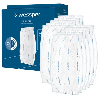 A product shot of a box of Wessper Humifill dehumidifier refills, with several refill bags arranged in front of it.