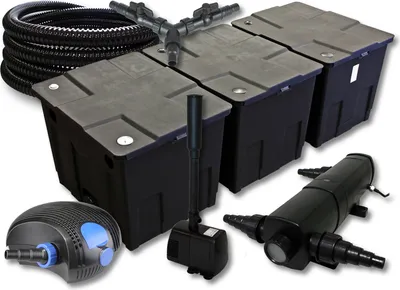 Zdjęcie produktu dla Kompletny zestaw SunSun: filtr do oczka wodnego CBF-350C o pojemności do 90000 l, pompa do oczka wodnego CTF-12000 12000 l/h 100 W, osadnik do oczka wodnego CUV-236 36 W, wąż do oczka wodnego 25 m 25 mm, fontanna HJ-943 800 l/h 16 W, rozdzielacz Y