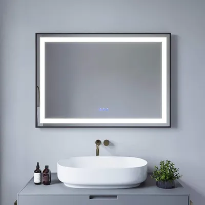 Produktbild von Badezimmerspiegel mit Beleuchtung Badspiegel 100x70cm Touch-Schalter Dimmbar Rechteckig 3 Lichtfarben Anti-Beschlag und Memory-Funktion Rahmen Schwarz IP 44 Energiesparend