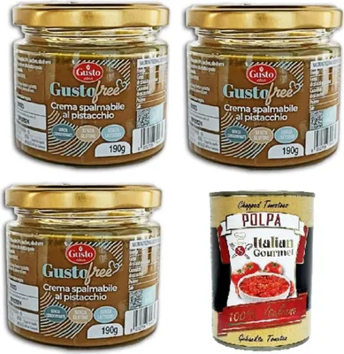 Produktbild von Etna-Gusto Free Pistazienaufstrich GLUTENFREI – LAKTOSEFREI – VEGANES PRODUKT 3x 190gr + Italian Gourmet polpa 400g