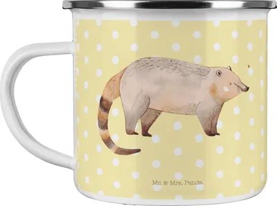Produktbild von Mr. & Mrs. Panda Pott Nasenbaer - Gelb Pastell - Geschenk, Emaille Becher, Haferl, Nasenbär, Nasenbären, Rüsselbär, Bär, Lustige Sprüche, Tasse, Teetasse