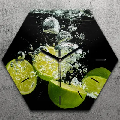 Produktbild von Uhr hexagonal 40 cm Glas Geräuschlos schwarze Zeiger - Früchte Spritzen