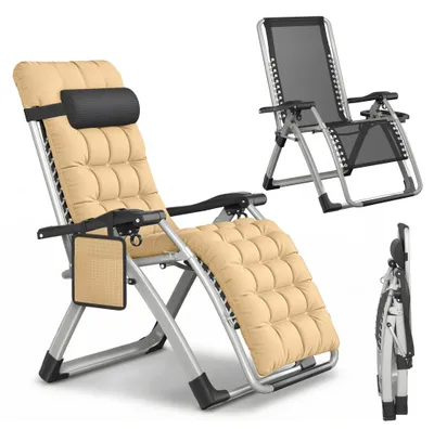Obrázek produktu pro JOIEYOU Zdravotní lehátko, skládací relaxační lehátko, béžové, nastavitelné saunové lehátko 90–170°, polstrované, držák na nápoje, odolné proti povětrnostním vlivům, do zahrady i na kempování