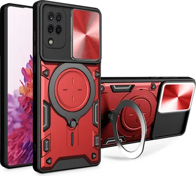 Produktbild von Handyhülle für Samsung Galaxy A12 Dual-Layer Stoßfest Rüstung Hülle mit Dia Kameraschutz und Kreisförmig Ring Ständer Rot