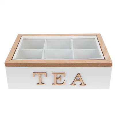 Produktbild von Clayre & Eef Teebox mit 6 Fächern 23x17x8 cm Weiß Braun MDF Glas Tea
