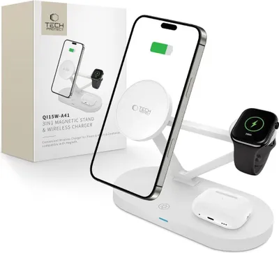 Produktbild von Tech-Protect Qi15W-A41 3In1 Magnetisches Magsafe Wireless Ladegerät Weiß