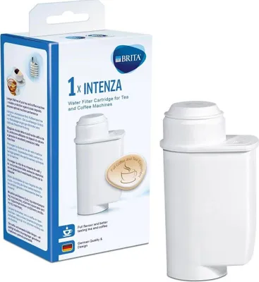 A box and a water filter cartridge for tea and coffee machines.
