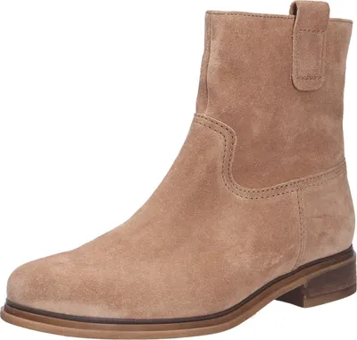 A single brown suede ankle boot is shown against a white background.