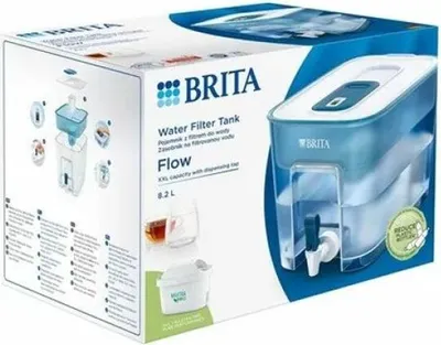 The image shows the packaging of a Brita water filter tank called 'Flow'. The packaging features an illustration of the product and diagrams explaining its assembly and function.
