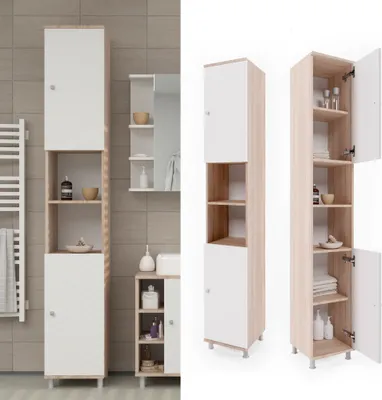 A bathroom cabinet shown in a bathroom setting and in isolation.