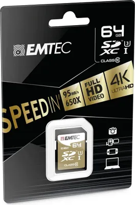 Image de EMTEC Speedin - Flash-Speicherkarte - 64GB - UHS Class 3 / Class10 - SDXC UHS-I (ECMSD64GXC10SP)