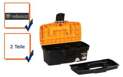 Produktbild von Perel Werkzeugkoffer 7,1 Liter, kompakter Werkzeugkoffer mit herausnehmbarer Einlage, Kunststoffverschluss, klappbarer Griff, schwarz orange 32 x 16,5